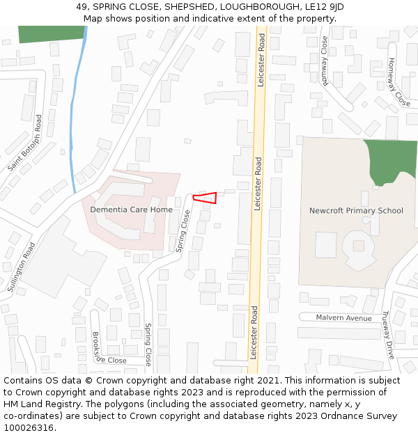 49, SPRING CLOSE, SHEPSHED, LOUGHBOROUGH, LE12 9JD: Location map and indicative extent of plot