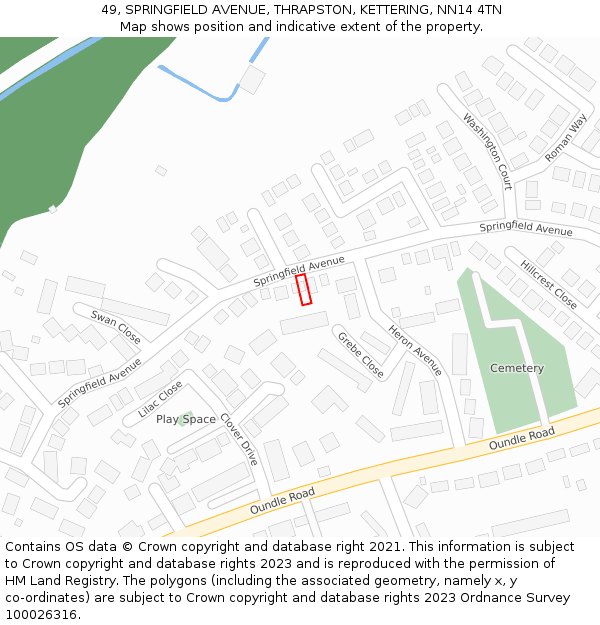 49, SPRINGFIELD AVENUE, THRAPSTON, KETTERING, NN14 4TN: Location map and indicative extent of plot