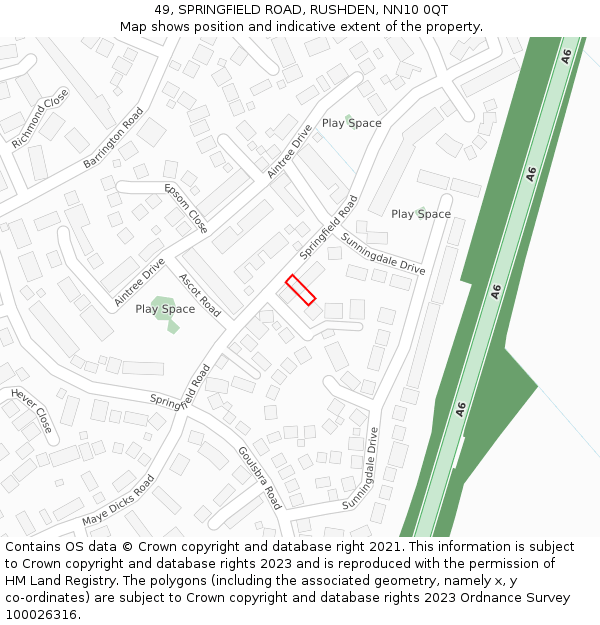 49, SPRINGFIELD ROAD, RUSHDEN, NN10 0QT: Location map and indicative extent of plot