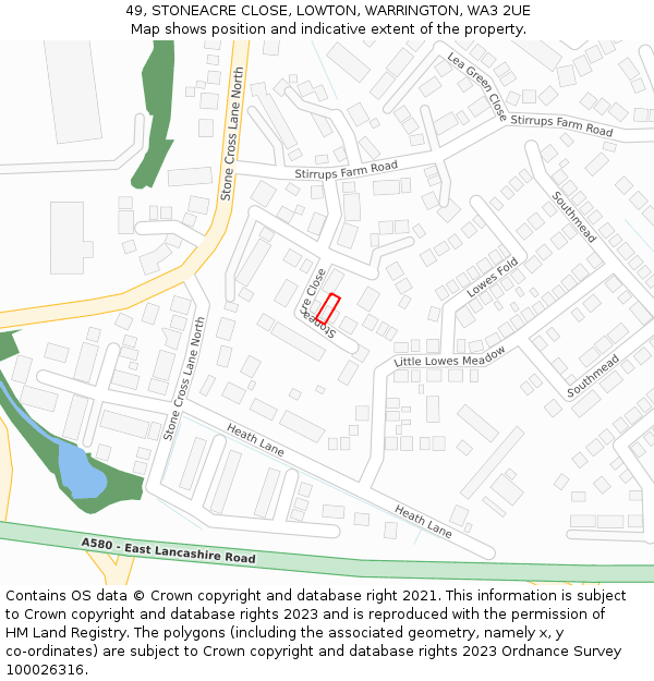 49, STONEACRE CLOSE, LOWTON, WARRINGTON, WA3 2UE: Location map and indicative extent of plot