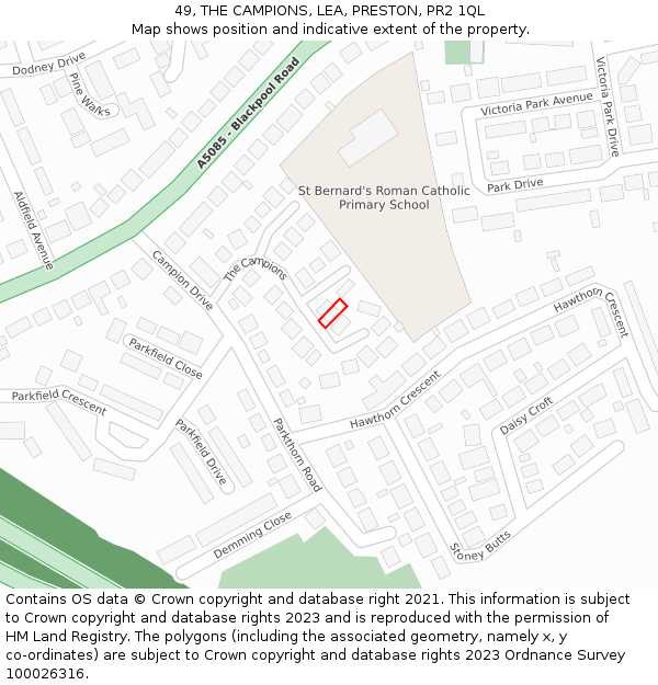 49, THE CAMPIONS, LEA, PRESTON, PR2 1QL: Location map and indicative extent of plot