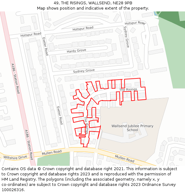 49, THE RISINGS, WALLSEND, NE28 9PB: Location map and indicative extent of plot