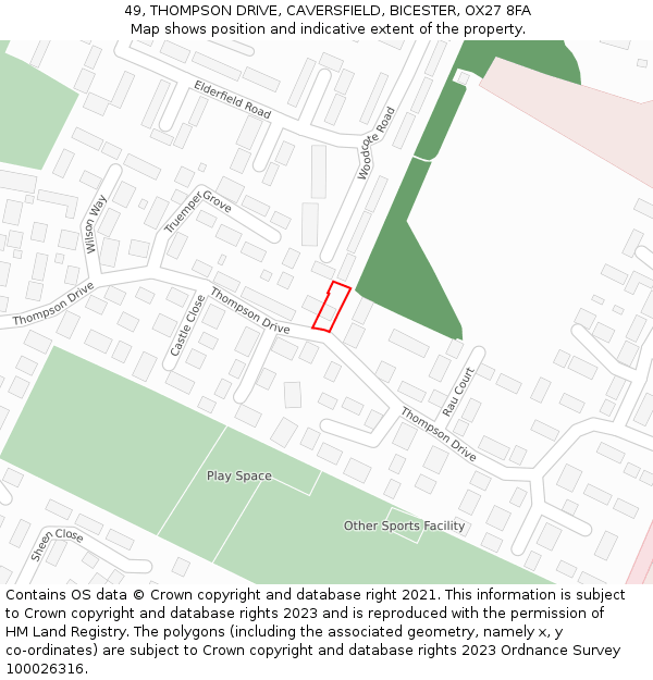 49, THOMPSON DRIVE, CAVERSFIELD, BICESTER, OX27 8FA: Location map and indicative extent of plot