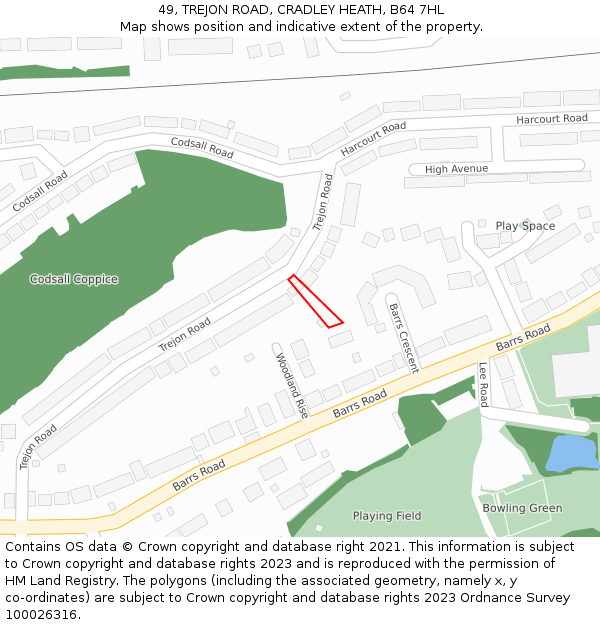 49, TREJON ROAD, CRADLEY HEATH, B64 7HL: Location map and indicative extent of plot