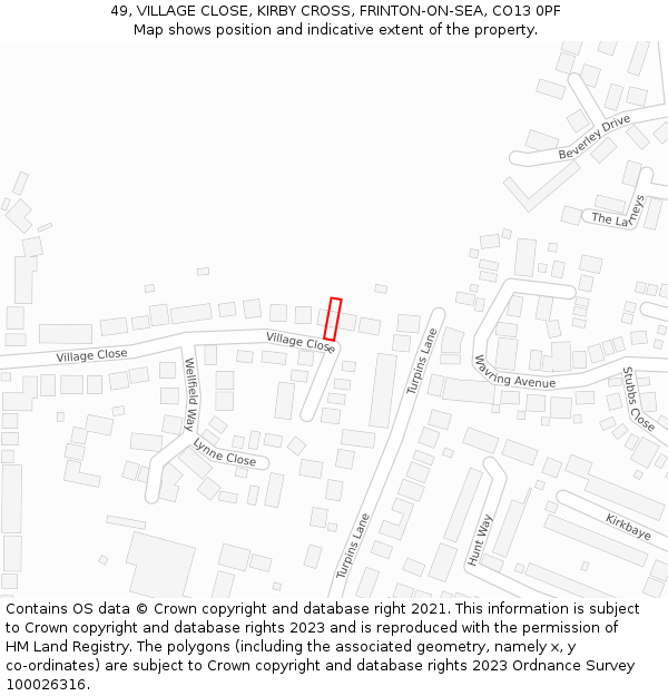 49, VILLAGE CLOSE, KIRBY CROSS, FRINTON-ON-SEA, CO13 0PF: Location map and indicative extent of plot