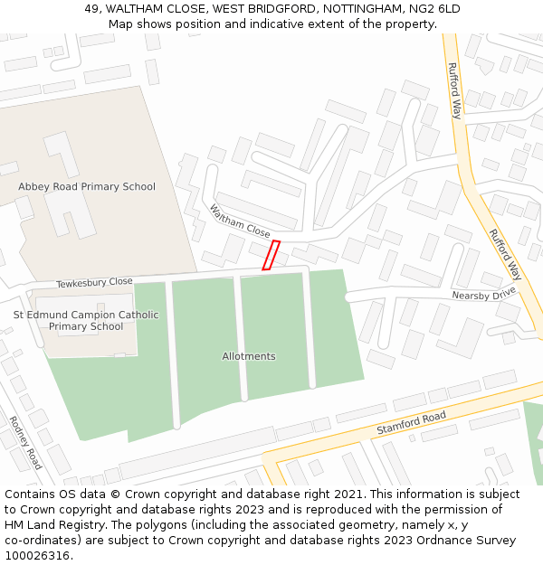 49, WALTHAM CLOSE, WEST BRIDGFORD, NOTTINGHAM, NG2 6LD: Location map and indicative extent of plot