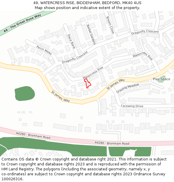 49, WATERCRESS RISE, BIDDENHAM, BEDFORD, MK40 4US: Location map and indicative extent of plot