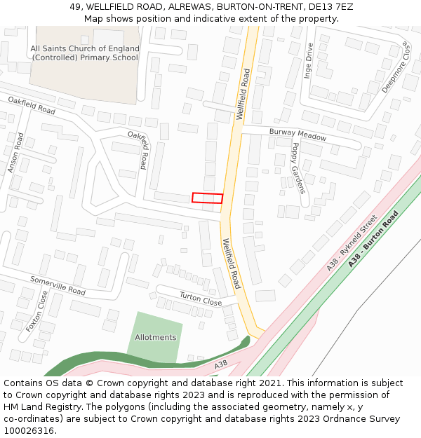 49, WELLFIELD ROAD, ALREWAS, BURTON-ON-TRENT, DE13 7EZ: Location map and indicative extent of plot