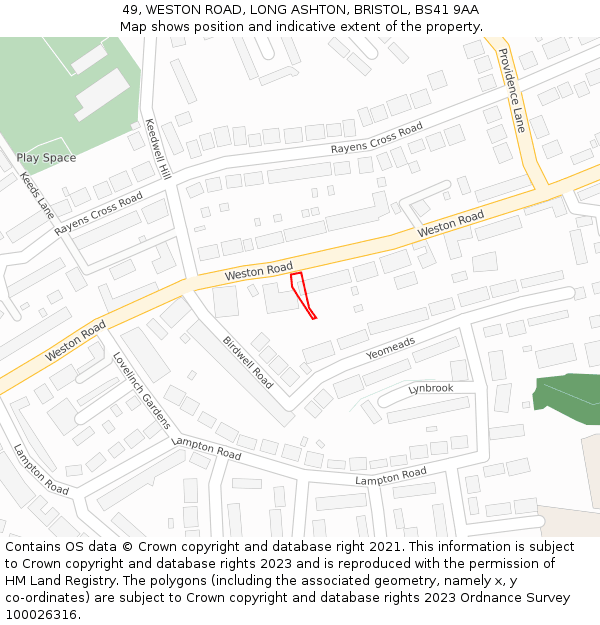 49, WESTON ROAD, LONG ASHTON, BRISTOL, BS41 9AA: Location map and indicative extent of plot