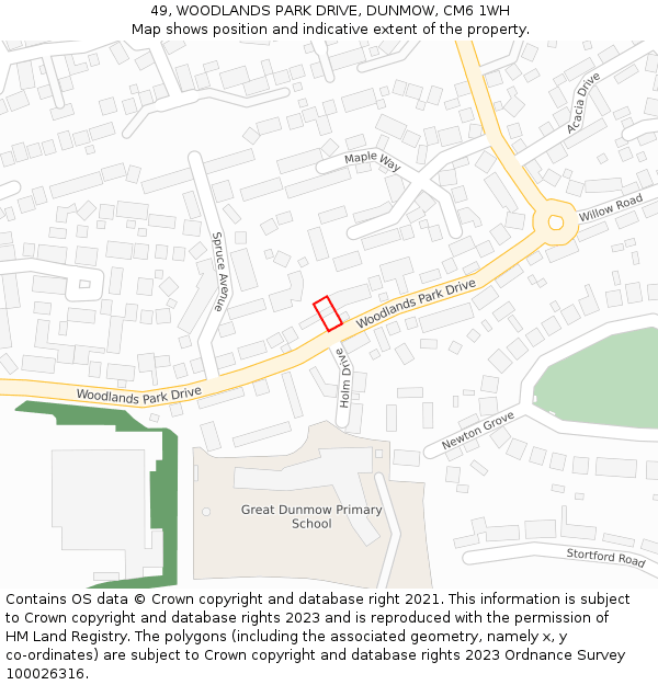 49, WOODLANDS PARK DRIVE, DUNMOW, CM6 1WH: Location map and indicative extent of plot