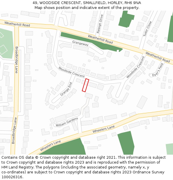 49, WOODSIDE CRESCENT, SMALLFIELD, HORLEY, RH6 9NA: Location map and indicative extent of plot