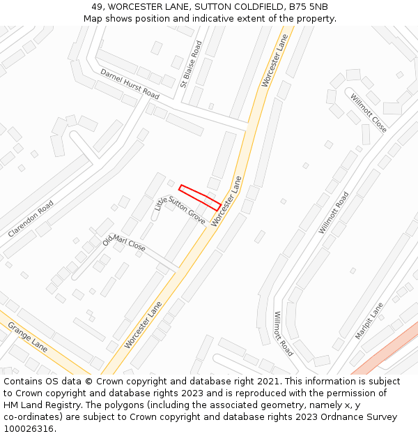 49, WORCESTER LANE, SUTTON COLDFIELD, B75 5NB: Location map and indicative extent of plot