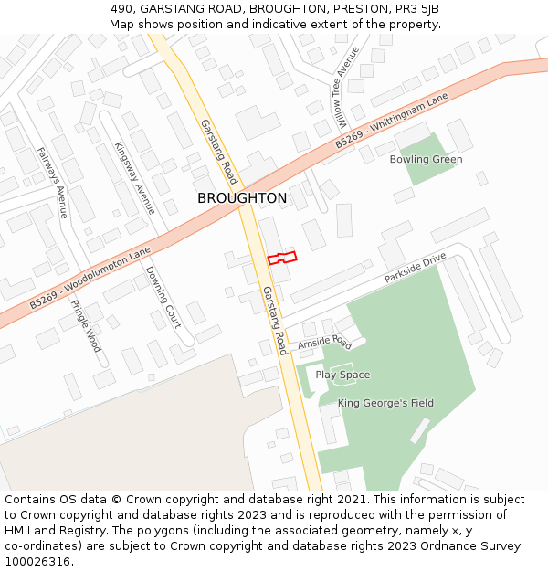 490, GARSTANG ROAD, BROUGHTON, PRESTON, PR3 5JB: Location map and indicative extent of plot