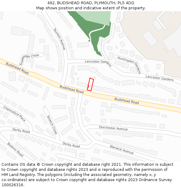 492, BUDSHEAD ROAD, PLYMOUTH, PL5 4DG: Location map and indicative extent of plot