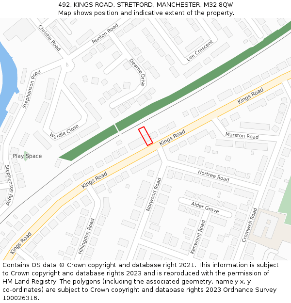 492, KINGS ROAD, STRETFORD, MANCHESTER, M32 8QW: Location map and indicative extent of plot