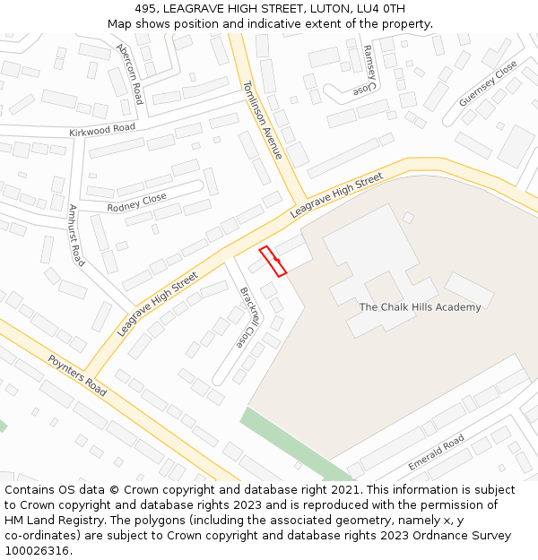 495, LEAGRAVE HIGH STREET, LUTON, LU4 0TH: Location map and indicative extent of plot