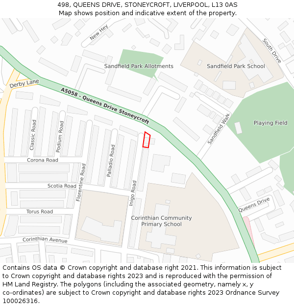 498, QUEENS DRIVE, STONEYCROFT, LIVERPOOL, L13 0AS: Location map and indicative extent of plot