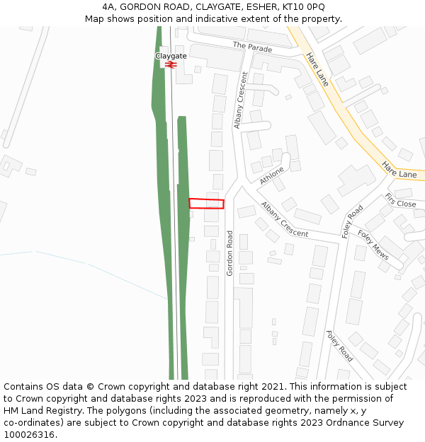 4A, GORDON ROAD, CLAYGATE, ESHER, KT10 0PQ: Location map and indicative extent of plot