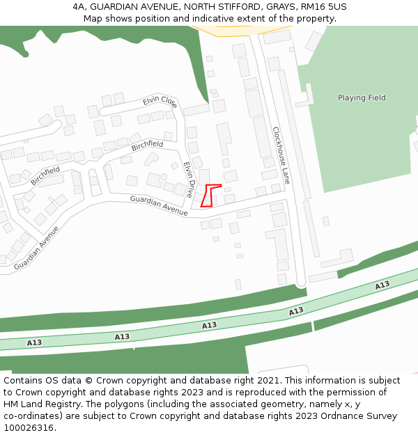 4A, GUARDIAN AVENUE, NORTH STIFFORD, GRAYS, RM16 5US: Location map and indicative extent of plot