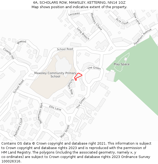 4A, SCHOLARS ROW, MAWSLEY, KETTERING, NN14 1GZ: Location map and indicative extent of plot