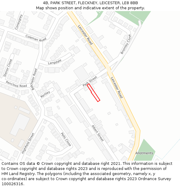 4B, PARK STREET, FLECKNEY, LEICESTER, LE8 8BB: Location map and indicative extent of plot