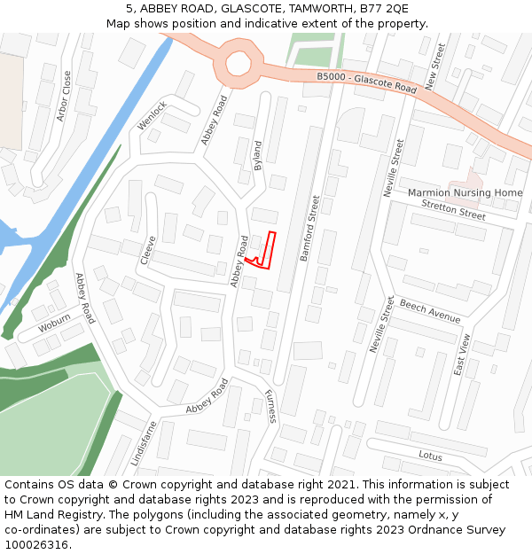 5, ABBEY ROAD, GLASCOTE, TAMWORTH, B77 2QE: Location map and indicative extent of plot