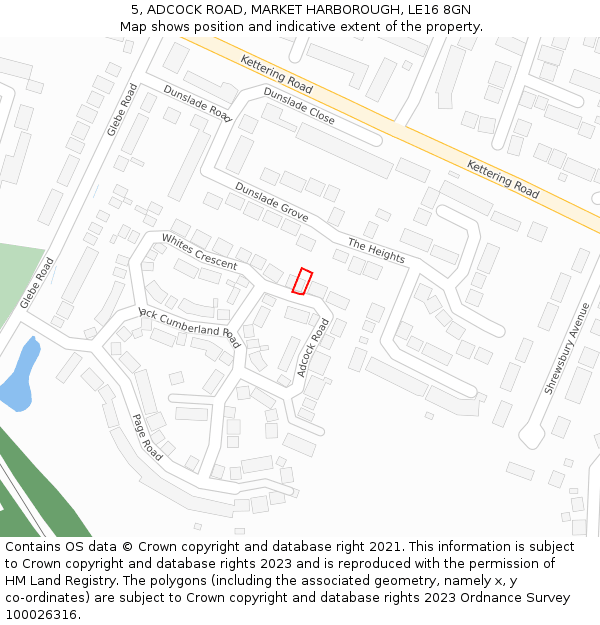 5, ADCOCK ROAD, MARKET HARBOROUGH, LE16 8GN: Location map and indicative extent of plot