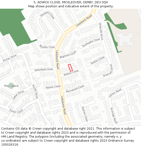 5, ADWICK CLOSE, MICKLEOVER, DERBY, DE3 0QX: Location map and indicative extent of plot