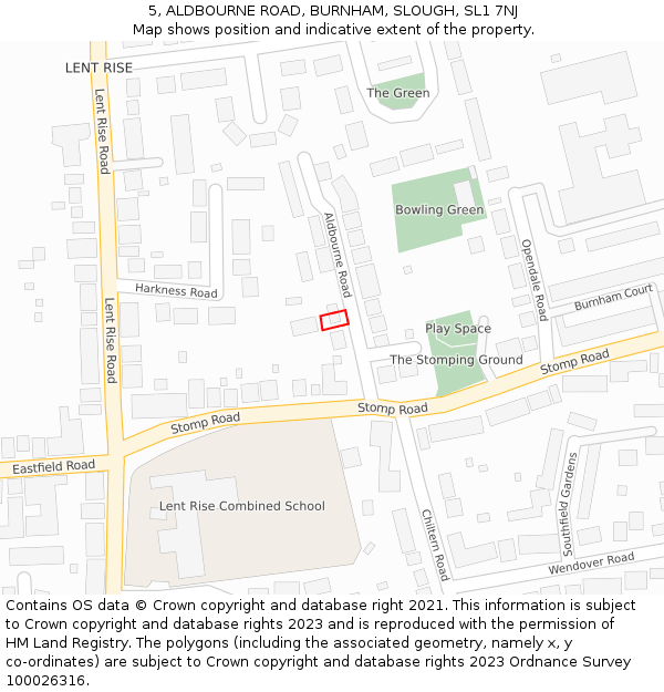 5, ALDBOURNE ROAD, BURNHAM, SLOUGH, SL1 7NJ: Location map and indicative extent of plot