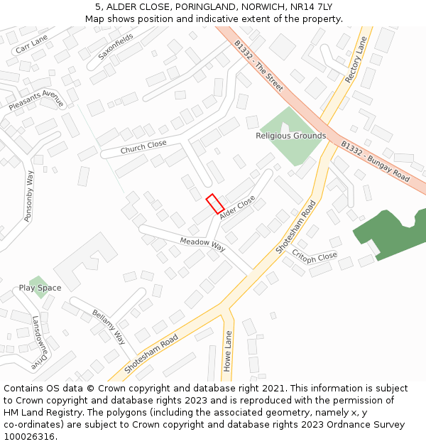 5, ALDER CLOSE, PORINGLAND, NORWICH, NR14 7LY: Location map and indicative extent of plot