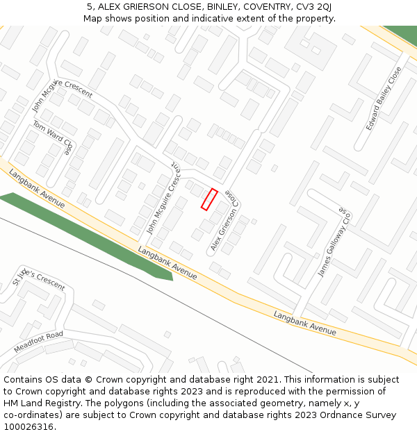 5, ALEX GRIERSON CLOSE, BINLEY, COVENTRY, CV3 2QJ: Location map and indicative extent of plot