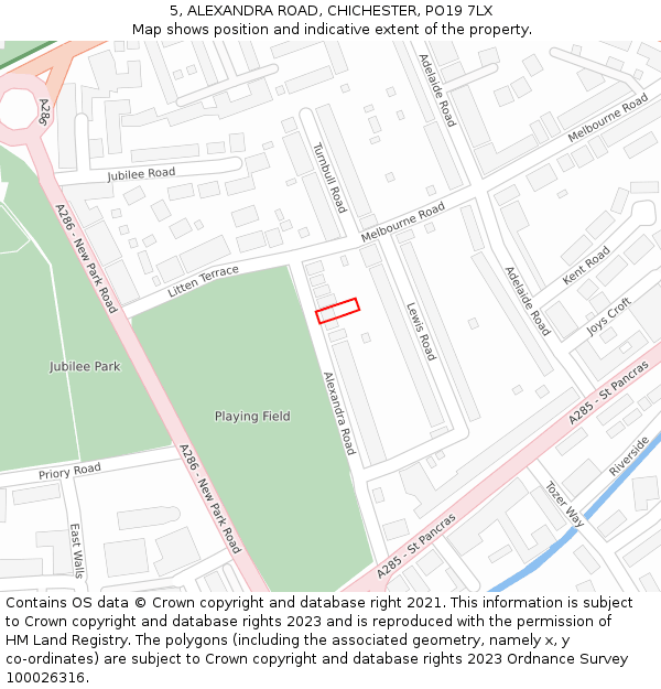 5, ALEXANDRA ROAD, CHICHESTER, PO19 7LX: Location map and indicative extent of plot
