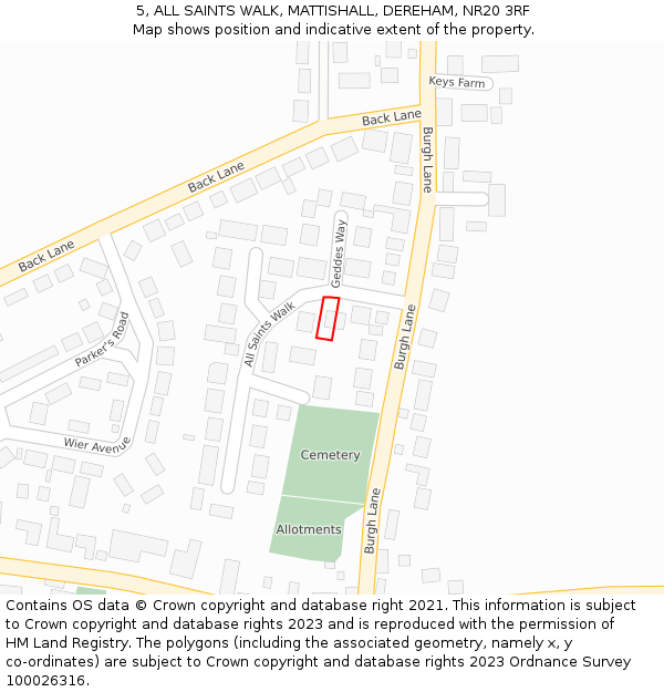 5, ALL SAINTS WALK, MATTISHALL, DEREHAM, NR20 3RF: Location map and indicative extent of plot