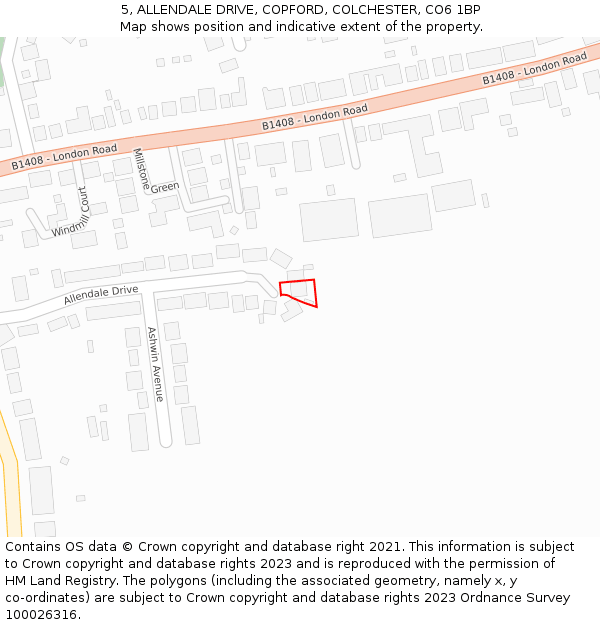 5, ALLENDALE DRIVE, COPFORD, COLCHESTER, CO6 1BP: Location map and indicative extent of plot