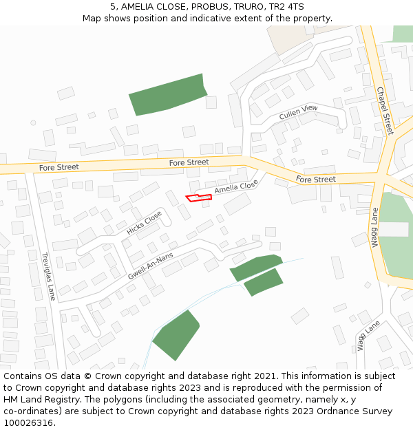 5, AMELIA CLOSE, PROBUS, TRURO, TR2 4TS: Location map and indicative extent of plot