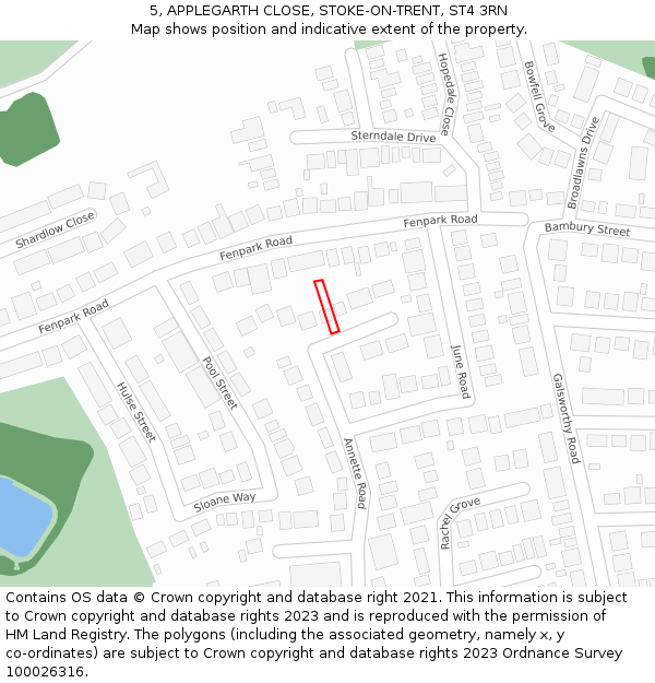 5, APPLEGARTH CLOSE, STOKE-ON-TRENT, ST4 3RN: Location map and indicative extent of plot