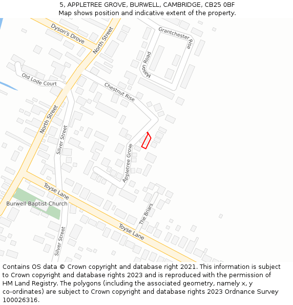 5, APPLETREE GROVE, BURWELL, CAMBRIDGE, CB25 0BF: Location map and indicative extent of plot