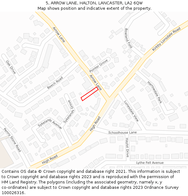 5, ARROW LANE, HALTON, LANCASTER, LA2 6QW: Location map and indicative extent of plot