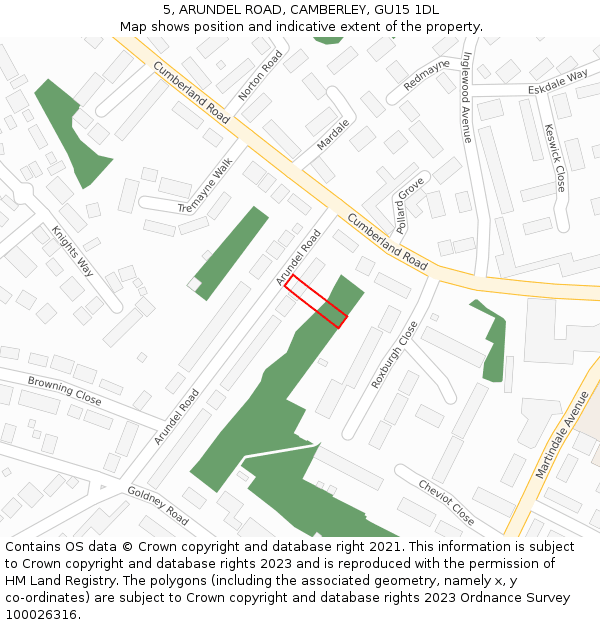 5, ARUNDEL ROAD, CAMBERLEY, GU15 1DL: Location map and indicative extent of plot