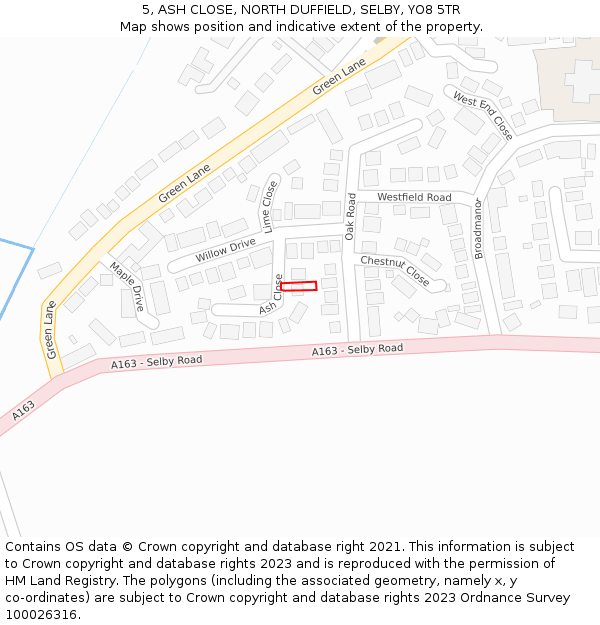 5, ASH CLOSE, NORTH DUFFIELD, SELBY, YO8 5TR: Location map and indicative extent of plot