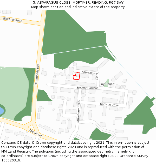 5, ASPARAGUS CLOSE, MORTIMER, READING, RG7 3WY: Location map and indicative extent of plot
