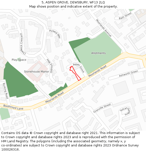 5, ASPEN GROVE, DEWSBURY, WF13 2LQ: Location map and indicative extent of plot