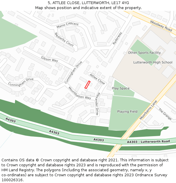 5, ATTLEE CLOSE, LUTTERWORTH, LE17 4YG: Location map and indicative extent of plot
