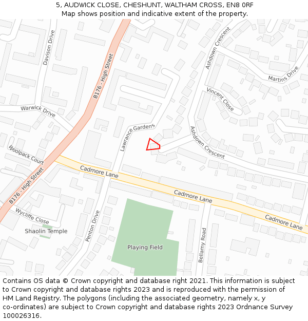 5, AUDWICK CLOSE, CHESHUNT, WALTHAM CROSS, EN8 0RF: Location map and indicative extent of plot