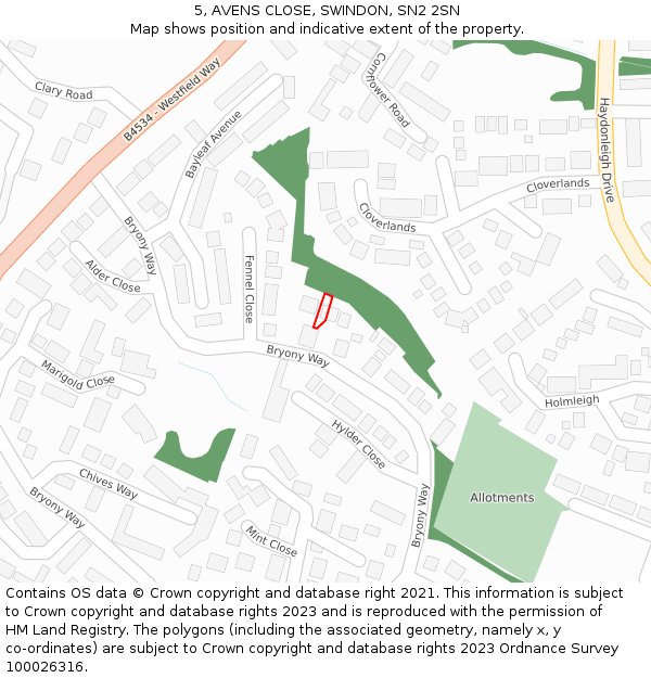 5, AVENS CLOSE, SWINDON, SN2 2SN: Location map and indicative extent of plot