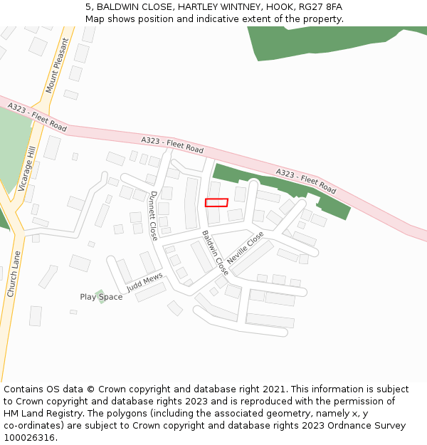 5, BALDWIN CLOSE, HARTLEY WINTNEY, HOOK, RG27 8FA: Location map and indicative extent of plot