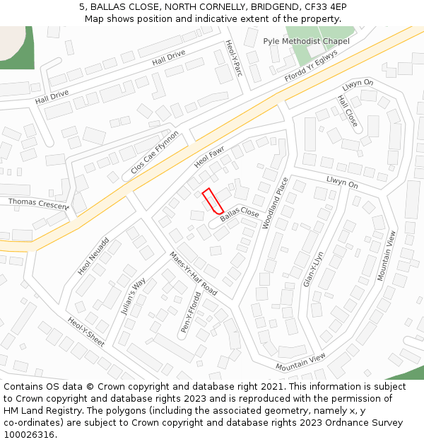 5, BALLAS CLOSE, NORTH CORNELLY, BRIDGEND, CF33 4EP: Location map and indicative extent of plot
