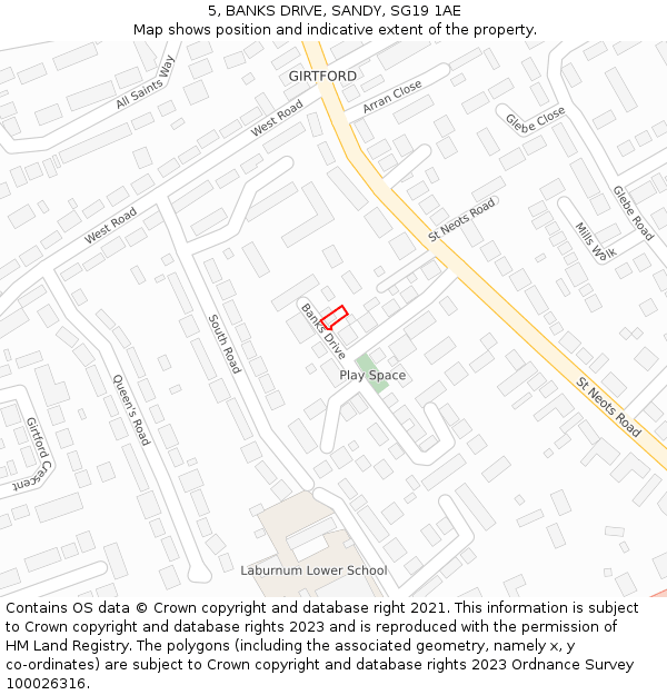 5, BANKS DRIVE, SANDY, SG19 1AE: Location map and indicative extent of plot