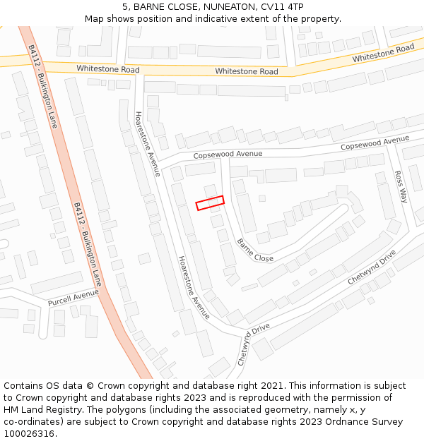5, BARNE CLOSE, NUNEATON, CV11 4TP: Location map and indicative extent of plot