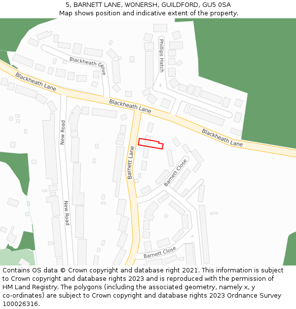 5, BARNETT LANE, WONERSH, GUILDFORD, GU5 0SA: Location map and indicative extent of plot